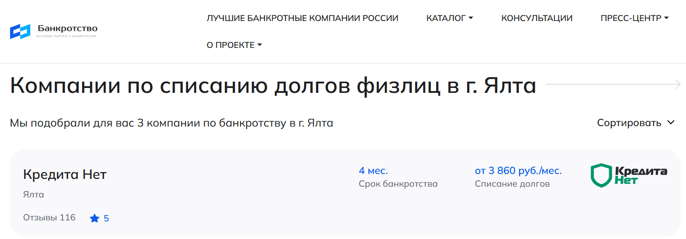 КредитаНет – первые в рейтинге компаний по банкротству в Ялте на сайте Банкротство Инфо